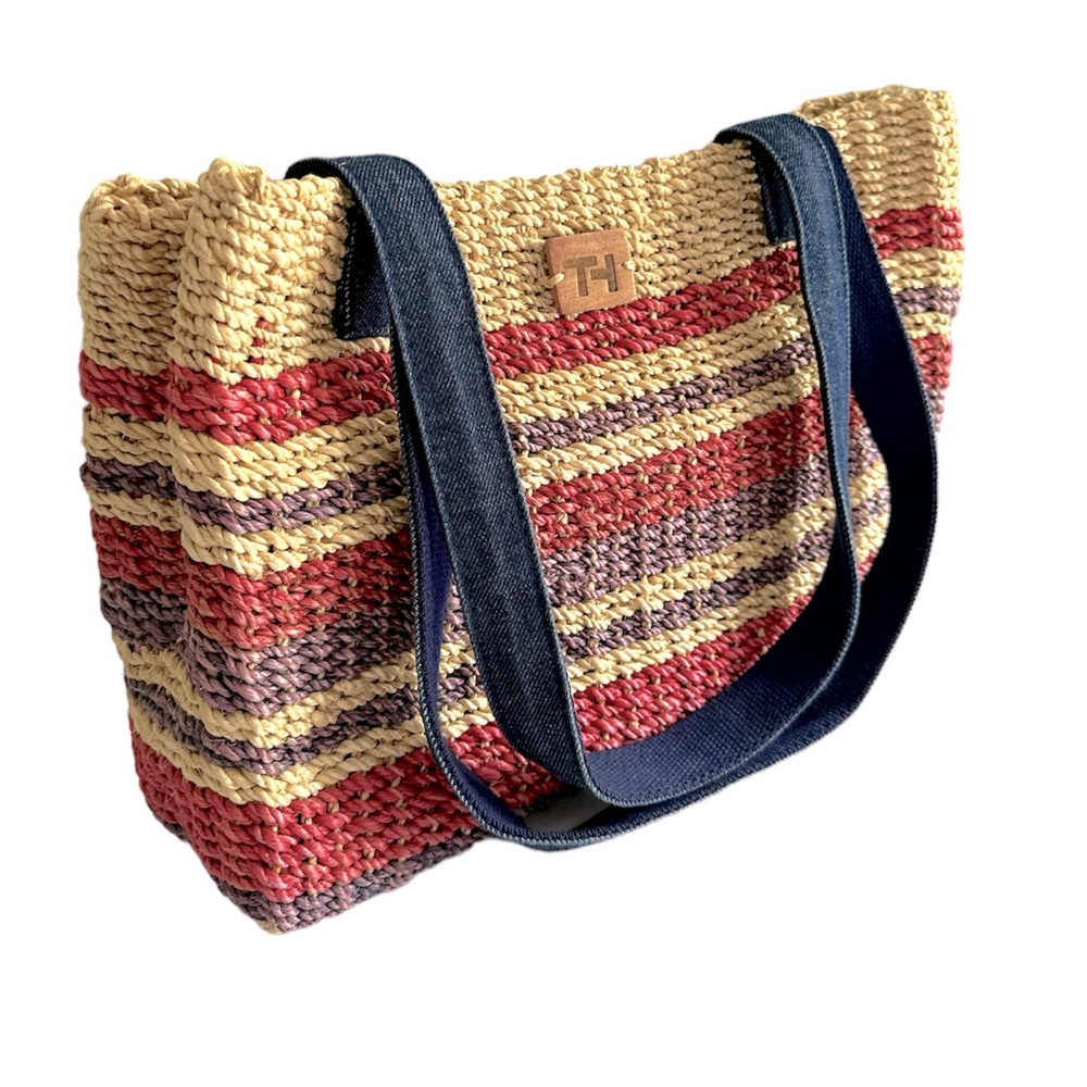 Tommy Hilfiger Woven Rattan Straw Tote Bag Denim Handles